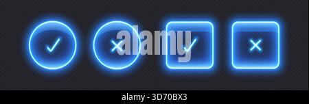 Icônes de coche au néon, boutons de coche lumineux, panneaux lumineux. Illustration de Vecteur