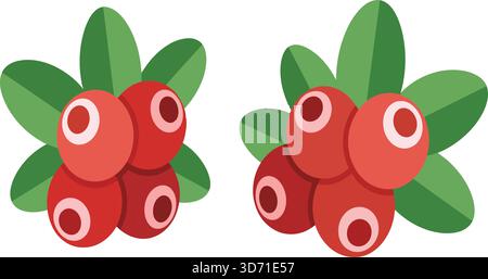 Ensemble d'icônes de grappe de baies avec des fruits rouges stylisés avec des reflets circulaires et des feuilles vertes dans le style dessin animé Illustration de Vecteur