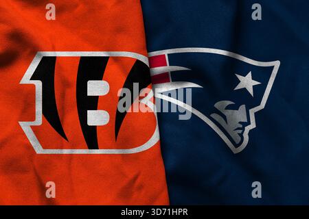 Pringsewu, Lampung ; 23 novembre 2025 ; texture d'un drapeau ondulant avec le logo de l'équipe NFL American Football Team Cincinnati Bengals combiné avec le N. Banque D'Images