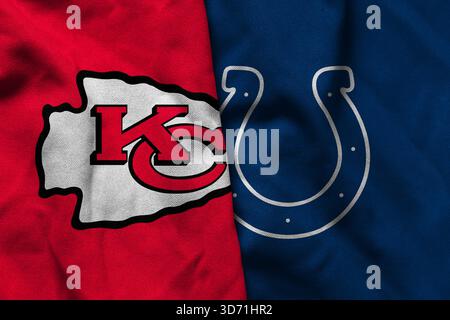 Pringsewu, Lampung ; 23 novembre 2025 ; texture d'un drapeau ondulant avec le logo des NFL American Football Team Kansas City Chiefs combiné avec le I. Banque D'Images