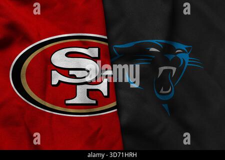 Pringsewu, Lampung ; 23 novembre 2025 ; texture d'un drapeau ondulant avec le logo des 49ers de l'équipe de football américain de la NFL san Francisco combiné avec le Banque D'Images