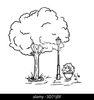 Un arbre et une lanterne de parc, un parterre de fleurs avec des fleurs dans l'herbe, un croquis. Le dessin est dans un style simple, isolé sur un fond blanc. Allée de Illustration de Vecteur
