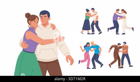 Illustration de dessin animé de couples embrassant. Groupe diversifié de personnes s'embrassant les uns les autres. Art vectoriel sur fond blanc. Illustration de Vecteur