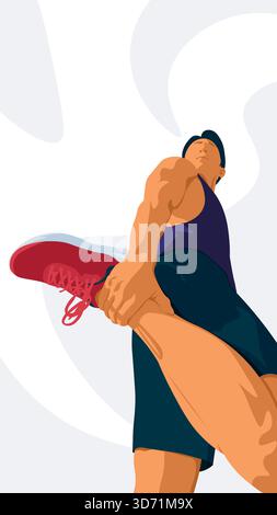 Illustration verticale à angle bas d'un homme étirant sa jambe avant une course Illustration de Vecteur