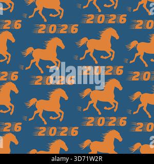 Année du cheval 2026 modèle sans couture présente des chevaux en cours d'exécution sur un vecteur de fond bleu Illustration de Vecteur