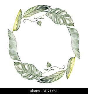 Élégante couronne tropicale peinte à l'aquarelle, avec des feuilles vertes douces et des vignes délicates disposées dans une composition circulaire. Parfait pour Banque D'Images