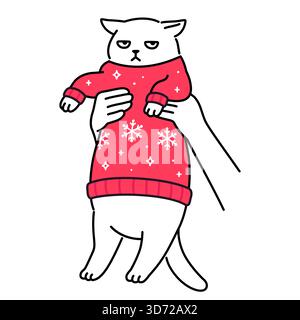 Mains tenant vers le haut chat grincheux en pull de Noël rouge. Dessin de bande dessinée drôle, illustration vectorielle mignonne et simple. Doodle de chat blanc chubby. Illustration de Vecteur