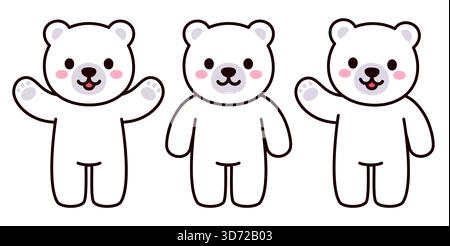 Simple and cute white polar bear standing and waving. Kawaii character set. Flat vector style cartoon illustration. Illustration de Vecteur