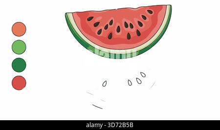 Illustration de tranche de pastèque. Style de dessin animé, couleurs rouge et vert. Fruits d'été avec graines. Isolé sur fond blanc. Illustration de Vecteur