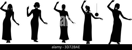 Ensemble de femmes dansant dans élégantes robes fluides silhouettes vecteur Illustration de Vecteur