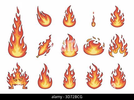 Feu de dessin animé. Collection de flammes, éléments de feu de camp. Illustration vectorielle isolée sur fond blanc. Illustration de Vecteur