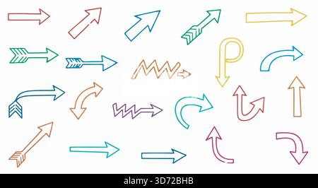 Flèches dessinées à la main dans divers styles et couleurs sur un fond blanc. Symboles directionnels, illustration vectorielle. Illustration de Vecteur