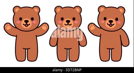 Ours en peluche brun simple et mignon debout et ondulant. Jeu de caractères Kawaii. Illustration de dessin animé de style vectoriel plat. Illustration de Vecteur