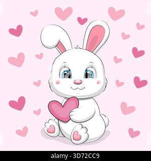 Joli dessin animé White Rabbit avec des coeurs. Illustration vectorielle d'animal sur fond rose avec des coeurs rouges. Illustration de Vecteur