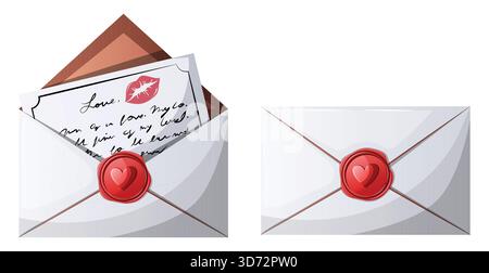 Enveloppes lettre d'amour ouvertes et fermées avec sceau de coeur de cire rouge. Art vectoriel isolé illustrant des États de correspondance et de communication Illustration de Vecteur