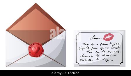 Enveloppe ouverte avec lettre retirée, avec sceau en forme de coeur rouge ciré. Art vectoriel isolé illustrant l'acte de recevoir et de lire le courrier Illustration de Vecteur