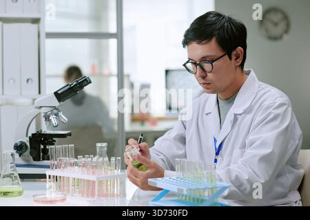 Jeune homme adulte conduisant une expérience chimique dans un laboratoire médical Banque D'Images