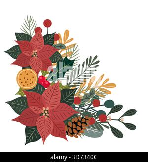 Coin de Noël art floral avec poinsettias rouges Illustration de Vecteur