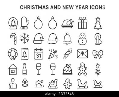 Ensemble minimal d'icônes de Noël et du nouvel an – 32 symboles de contour festif Illustration de Vecteur