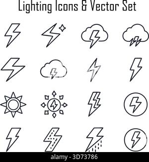 Icônes d'éclairage et ensemble vectoriel – électricité, lampes, ampoules, symboles d'énergie, illustrations d'équipement électrique Illustration de Vecteur