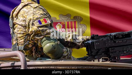 Drapeau d'Andorre avec soldat à la tourelle de machinegun Banque D'Images