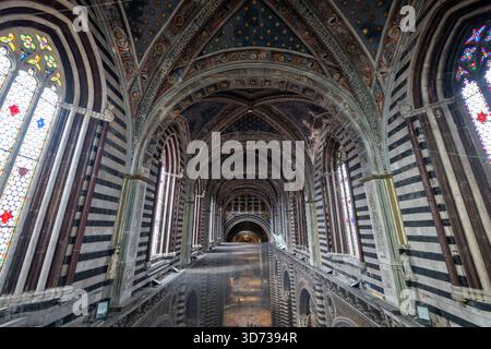 Sienne, Italie - 19 juillet 2025 : L'intérieur de la cathédrale de Sienne présente une architecture gothique avec des bandes de marbre noir et blanc, des plafonds voûtés et Banque D'Images
