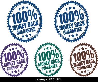 Ensemble de timbres ronds de garantie de remboursement à 100% - badges Vector Starburst, sceau de qualité, icône de satisfaction du client, étiquettes d'assurance colorées Illustration de Vecteur