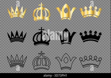 Ensemble d'icônes de couronne dorée et noire sur fond transparent Illustration de Vecteur