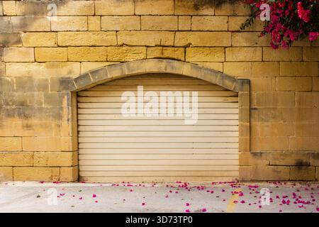 Arche murale jaune chaude avec porte de garage fermée, fleurs de Bougainvillea et pétales roses Banque D'Images