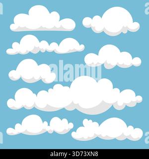 Une collection ludique de nuages blancs de style dessin animé flottant contre un ciel bleu vif. Cet ensemble vectoriel comprend diverses formes de nuages moelleux, parfait f Illustration de Vecteur