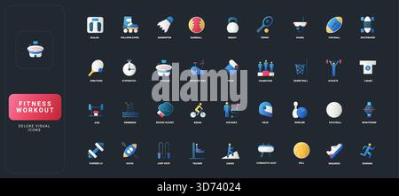 Icônes de style plat dégradé avec divers équipements de fitness, sports, gymnase et d'entraînement, activités, et symboles d'athlète sur l'illustration vectorielle de fond d'interface utilisateur sombre. Illustration de Vecteur