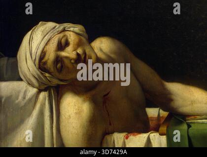 La mort de Marat, détail de la peinture à l'huile de 1793 de l'artiste français Jacques-Louis David (1748-1825) montrant le révolutionnaire assassiné Jean-Paul Marat (1743-1793) allongé dans sa baignoire avec une expression sereine. Voir l'image 3D7429D pour la peinture complète. Banque D'Images