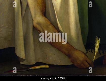 La mort de Marat (la mort de Marat), détail de la peinture à l'huile de 1793 de l'artiste français Jacques-Louis David (1748-1825) montrant le révolutionnaire assassiné Jean-Paul Marat (1743-1793) tenant toujours une plume avec le couteau utilisé par Charlotte Corday pour l'assassiner allongé sur le sol. Voir l'image 3D7429D pour la peinture complète. Banque D'Images