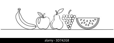 Alignez les fruits sur un fond blanc. Ligne continue écho ananas banane, agrumes, poire et graphe, tendances monoline healtii nourriture. Contour modifiable Illustration de Vecteur