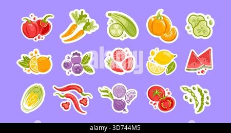 L'autocollant de fruits, baies et légumes définit une illustration vectorielle ludique avec un assortiment joyeux, des couleurs vives, des lignes épurées et des formes compactes Illustration de Vecteur