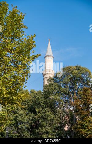 Dôme de mosquée doré visible à travers la vieille rue du quartier d'Istanbul avec des câbles et des bâtiments - paysage urbain montrant l'architecture ottomane historique Banque D'Images