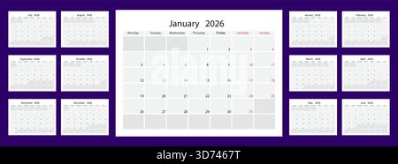 2026 ensemble de calendriers avec miniatures mensuelles et mise en page en grille pour la planification. Illustration de Vecteur