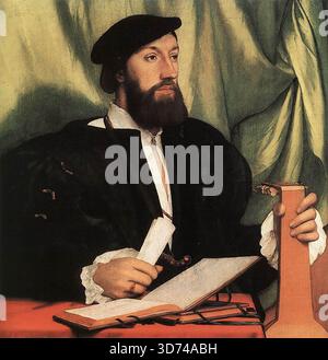 HOLBEIN, Hans le jeune (né en 1497, Augsbourg, mort en 1543, Londres) inconnu Gentleman avec livres de musique et luth c. 1534 huile sur bois, 43,5 x 43,5 cm Staatliche Museen, Berlin les similitudes de la peinture avec d'autres œuvres datant du début des années 1530 ont conduit à supposer que le sitter était un musicien de premier plan à la cour d'Henri VIII. Le roi était un musicien passionné et compositeur amateur et récompensait bien ces personnages ; se voir accorder la distinction d'un portrait Holbein pouvait être considéré comme un sceau officiel d'approbation. L'emploi de la sitter démontre l'éventail de la clientèle à laquelle Holbein s'adresse maintenant Banque D'Images