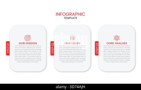 Modèle d'infographie d'entreprise moderne en 3 étapes avec des accents rouges et des icônes pour la mission, la vision et les valeurs fondamentales. Idéal pour les présentations, les rapports. Illustration de Vecteur