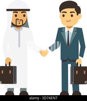 Deux hommes serrant la main, l'un portant une robe blanche et l'autre un costume. Ils tiennent des mallettes Illustration de Vecteur