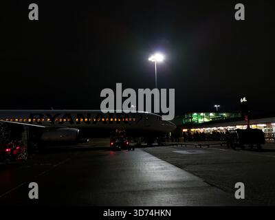 Un Boeing 737 de Ryanair stationné sur le tarmac la nuit, à l'aéroport de Stansted dans l'Essex, au Royaume-Uni Banque D'Images