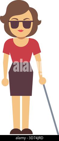 Une femme en chemise rouge et jupe noire porte des lunettes de soleil et tient une canne blanche. C'est une femme handicapée Illustration de Vecteur