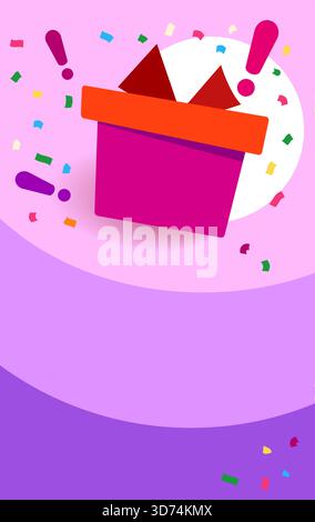 Des super prix gagnent sur la boîte-cadeau violette, récompense du programme de fidélité. Coffret cadeau des fêtes. Cadeau émerveillé avec point d'exclamation et confettis. Icône vectorielle dans moderne Illustration de Vecteur
