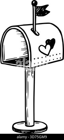 Boîte aux lettres avec illustration vectorielle de coeurs en dessin de style doodle dessin au trait dessiné à la main en noir et blanc. Joli symbole pour la Saint-Valentin. Idéal pour une carte romantique. Idéal pour le message de célébration. Illustration de Vecteur