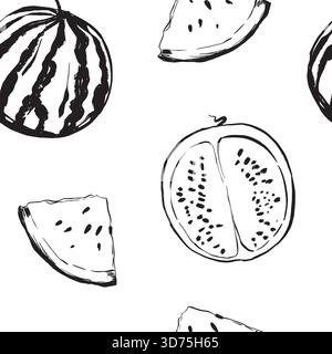 tranches de pastèque d'encre et coudes dispersés, détails de graines audacieux, ambiance de pique-nique d'été pour les affiches et les textiles, motif sans couture dessiné à la main par vecteur noir et blanc dans un style d'art au trait. Illustration de Vecteur
