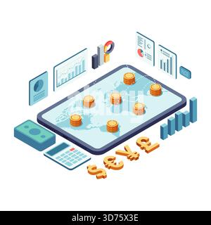 Échange de devises global isométrique et analyse des données financières. Global Currency Exchange and Finance concept Illustration de Vecteur