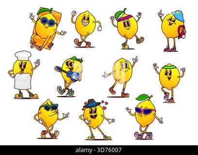 Personnages de fruits de citron groovy de dessin animé, nourriture d'agrumes vecteur. Personnages de citron jaune frais hippie rétro avec des feuilles vertes et des visages groovy drôles. Agrumes tropicaux avec lunettes de soleil et chapeaux Illustration de Vecteur