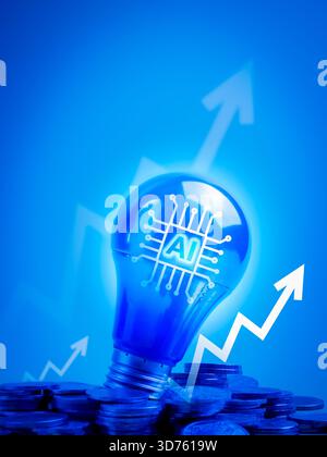 Icône de puce d'innovation AI sur ampoule lumineuse bleue sur les piles de pièces avec des flèches vers le haut symbolisant la croissance de l'entreprise, l'augmentation des revenus et la réussite financière Banque D'Images