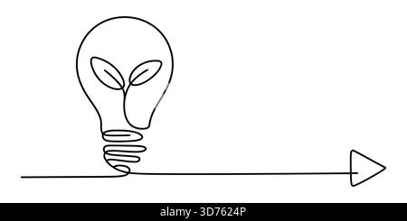 Concept d'innovation durable : dessin continu d'ampoule avec feuilles et flèche Illustration de Vecteur