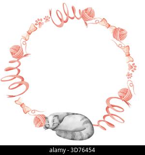 Un chat endormi et ses jouets. Un cadre aquarelle rond avec un ruban, un noeud, une boule de fil et des pattes de chat. Une illustration simple en rose. Banque D'Images